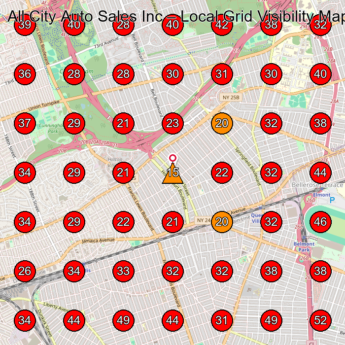 All City Auto Sales Inc GeoGrid visibility map for Used Car Dealer in Queens Village
